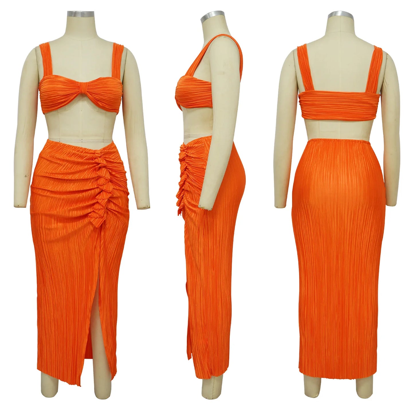 Summer Dresses for Women Two Pieces Set Sexy Backless Halter Top and High Waist Side Slit Pleated Skirt Matching Lady Streetwear