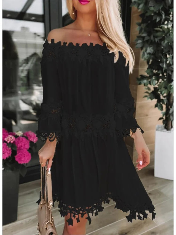 Spring Autumn New Women Sexy Strapless One Shoulder Solid Color Dinner Dresses Fashion Lace Lace Casual Loose Party White Dress