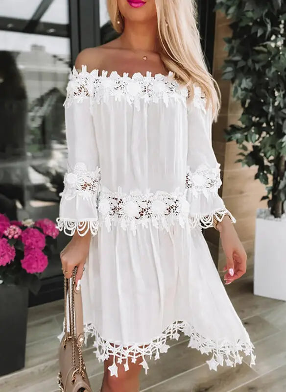 Spring Autumn New Women Sexy Strapless One Shoulder Solid Color Dinner Dresses Fashion Lace Lace Casual Loose Party White Dress