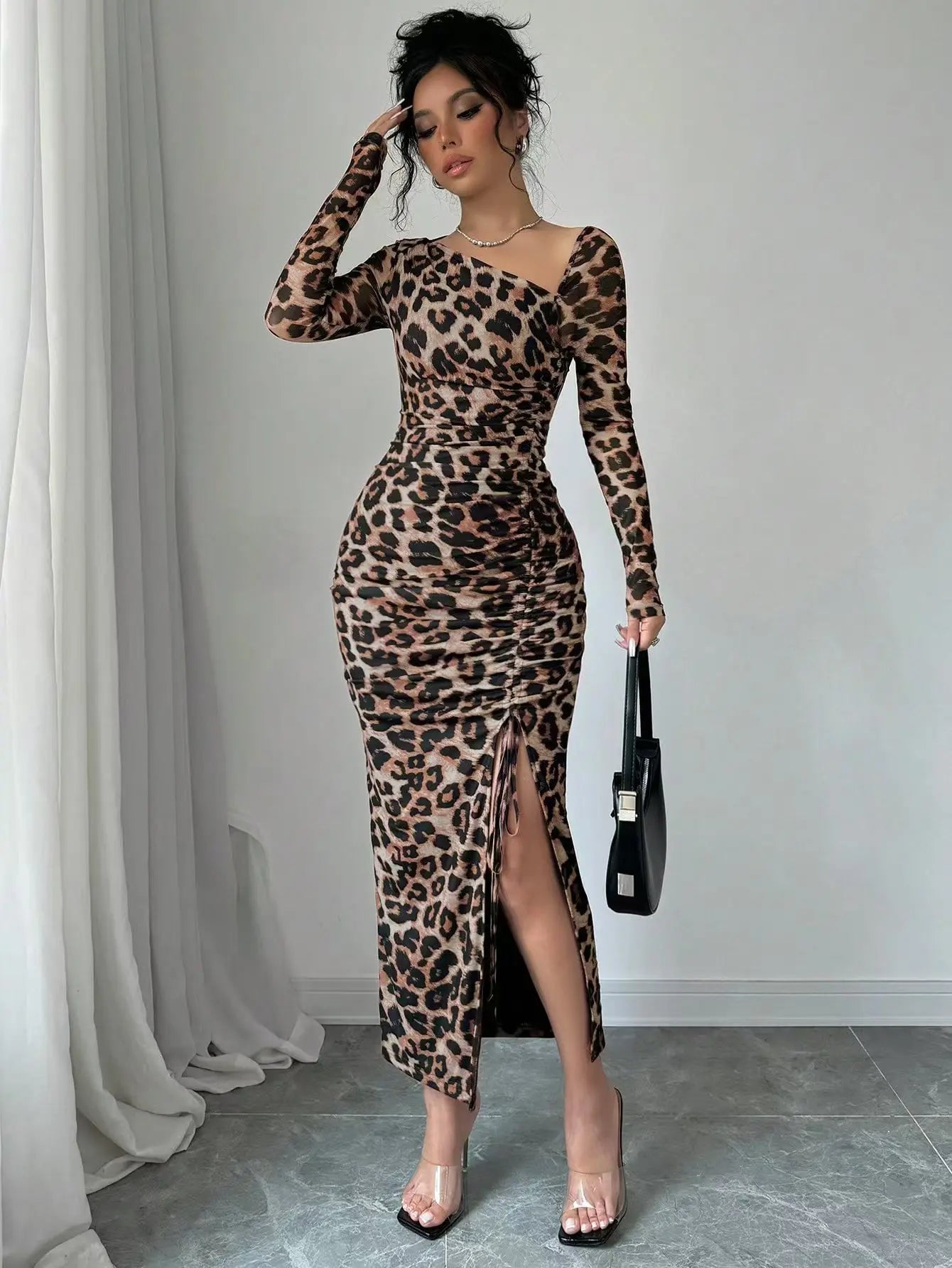 Sexy Leopard Print Women's Dresses Fashion Ruffled Sexy Slit Party Dress For Women Spring Summer Bodycon Package hip Vestidos