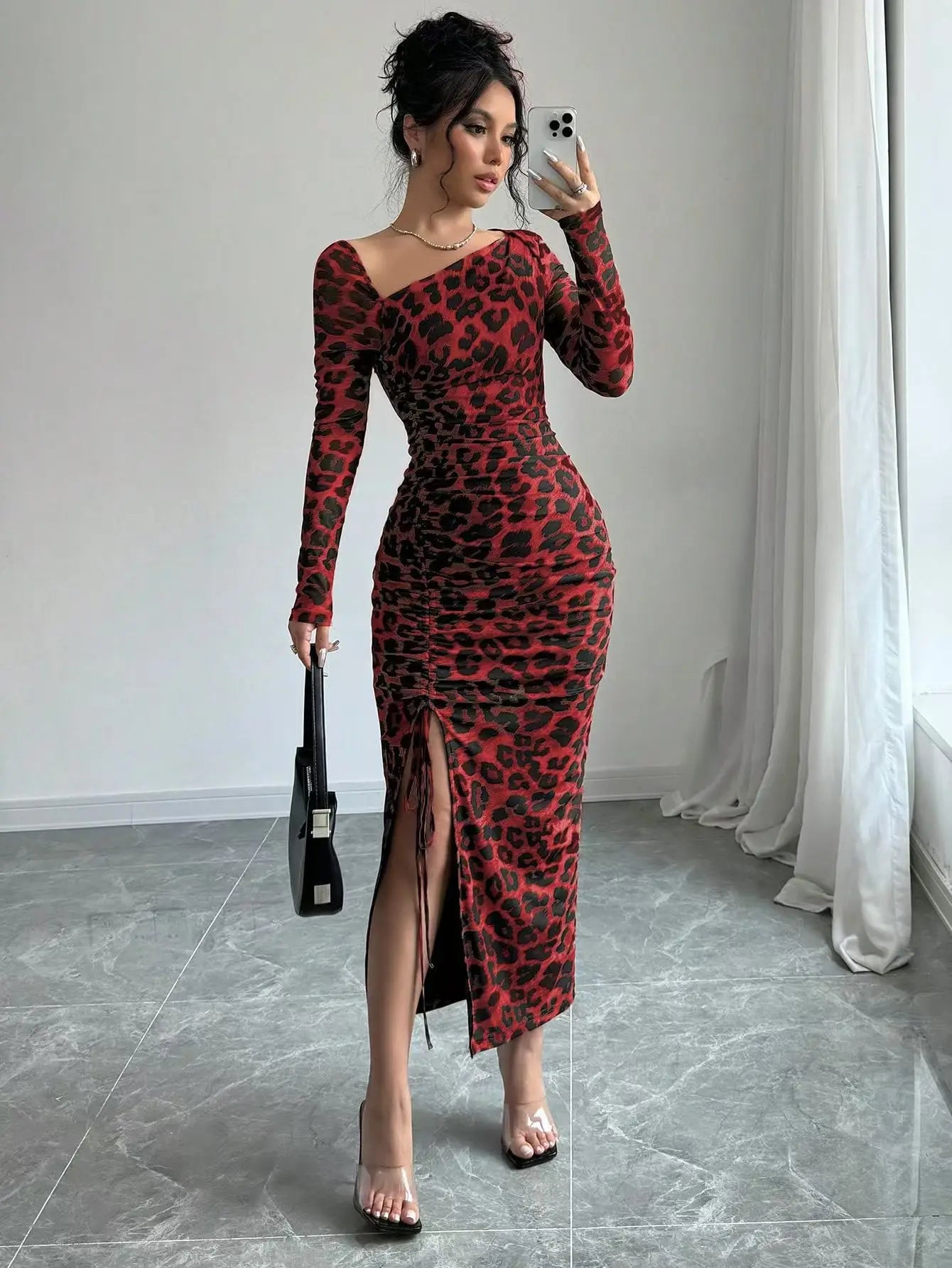 Sexy Leopard Print Women's Dresses Fashion Ruffled Sexy Slit Party Dress For Women Spring Summer Bodycon Package hip Vestidos