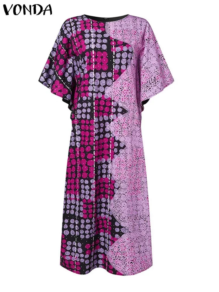 VONDA Women Summer Maxi Dress 2025 Vintage 3/4 Sleeve Printing Sundress Beach Robe Bohemian Bat-wing Sleeve Vestidos Polyester