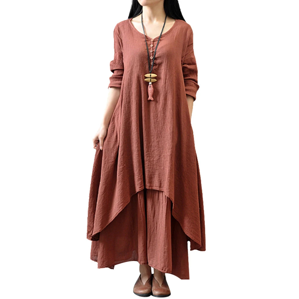 Anself Spring Fashion Women Casual Loose Dress Solid Color Long Sleeve Oversized Ladies Dresses Plus Size Boho Long Maxi Dress
