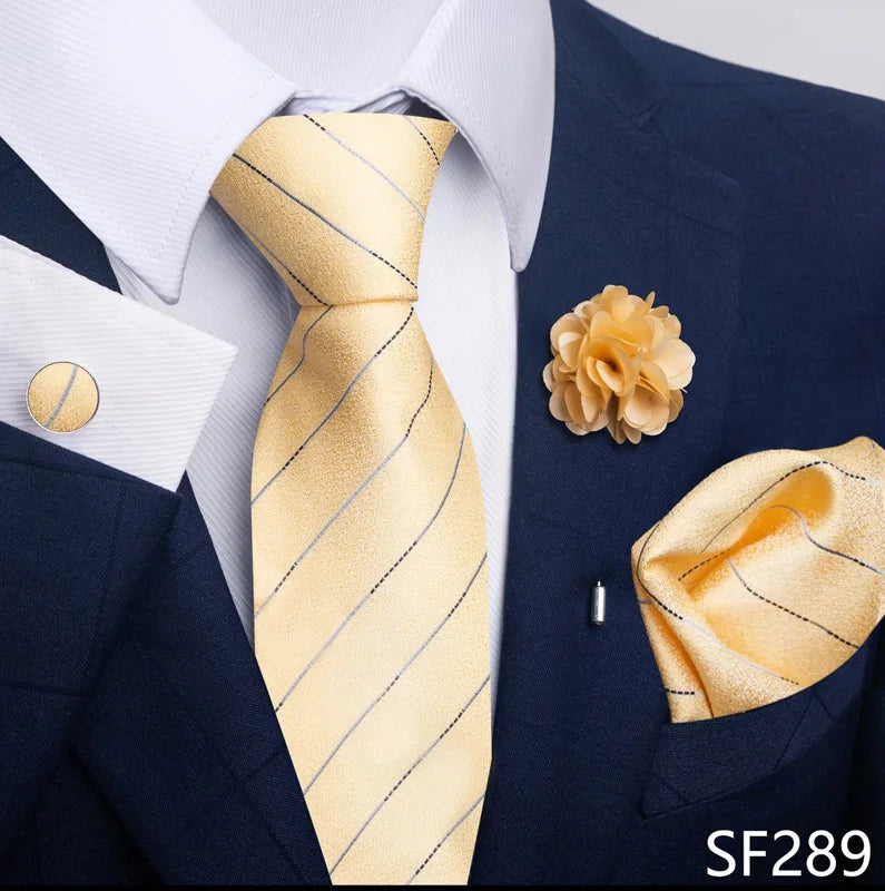 Luxury Mens Ties Floral Black Gold Ties Paisley NeckTie Pocket Square Cufflinks Brooch Set Men's Wedding Party Tie