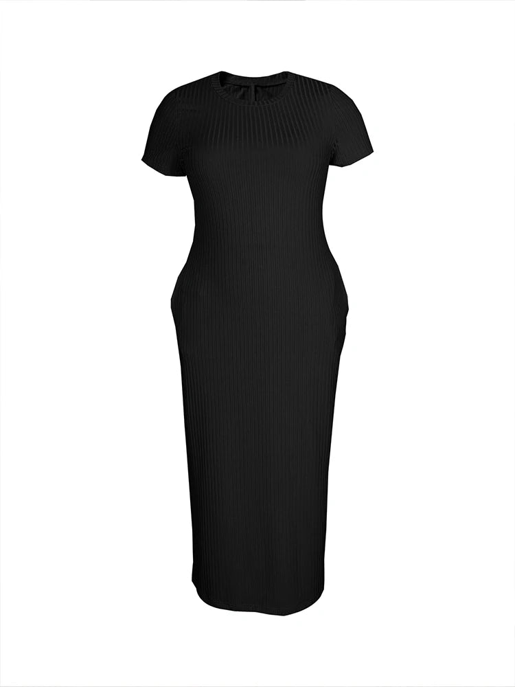 Plus Size 2024 Summer New Round Neck Short Sleeve Slim Hottie Ladies' Stylish Summer Solid Versatile Bodycon Dress