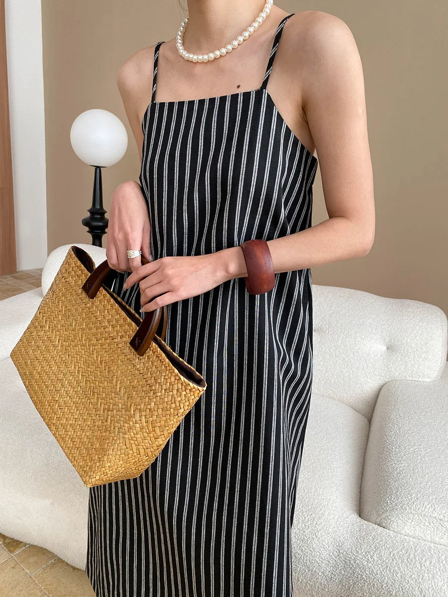 Spring and summer women's casual striped loose suspender dress