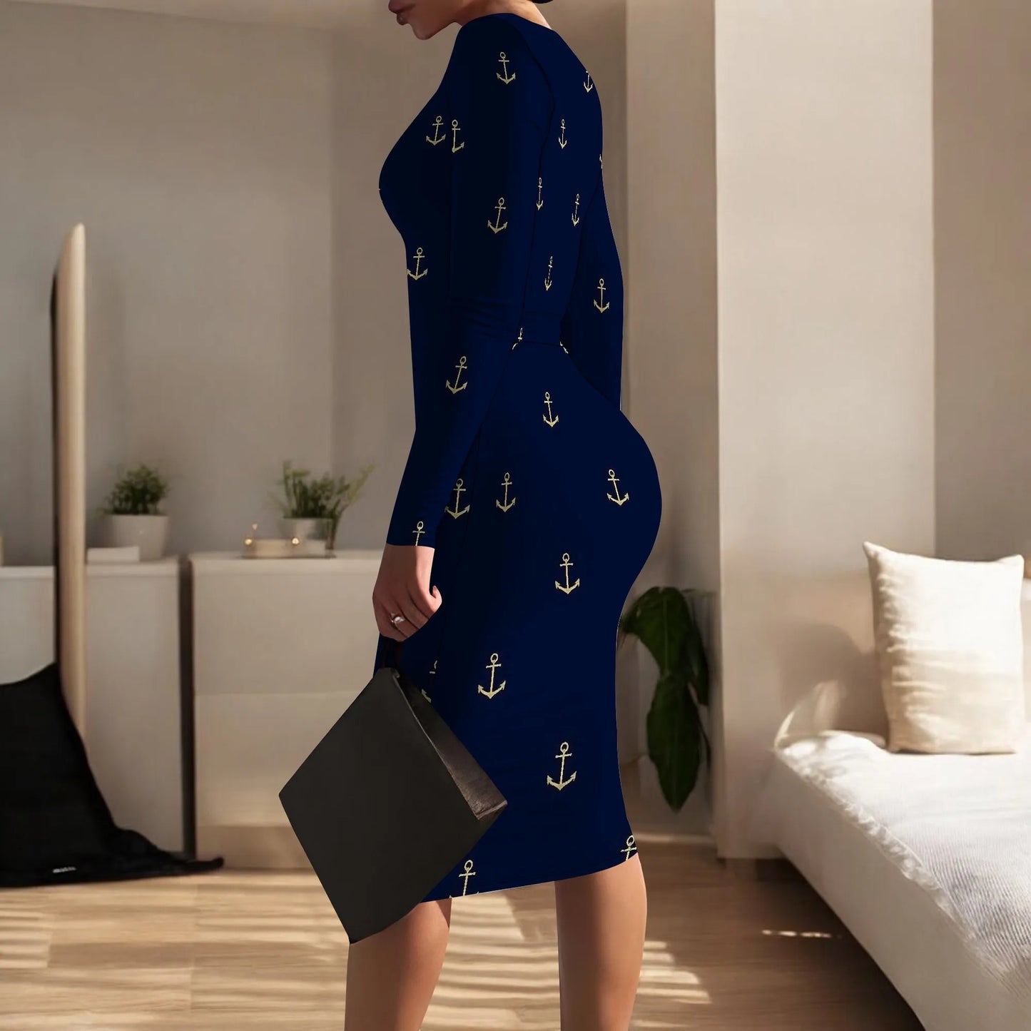 Women's Spring Casual Dress Sexy Slim Pleated Long Sleeve Crew Neck Midi Dress Fashion Out Party Pencil Skirt