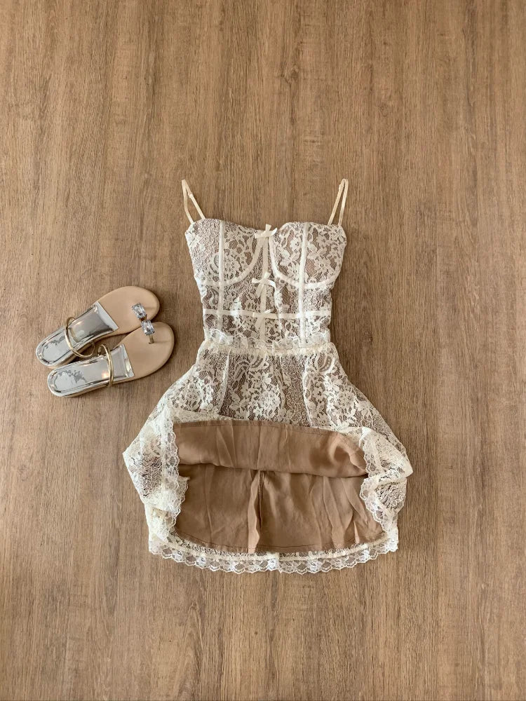Spring Sleeveless Lace Dress Women Elegant Spaghetti Strap Slim Fit Floral Lace Party Dress Sexy Chic Casual Dress Outfit 2025