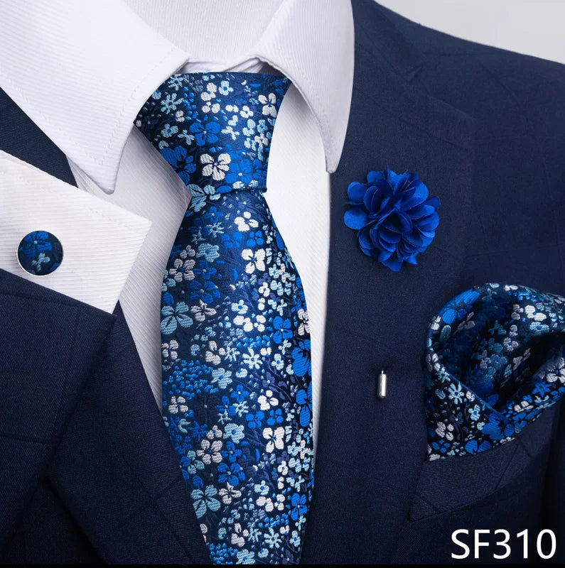 Luxury Mens Ties Floral Black Gold Ties Paisley NeckTie Pocket Square Cufflinks Brooch Set Men's Wedding Party Tie