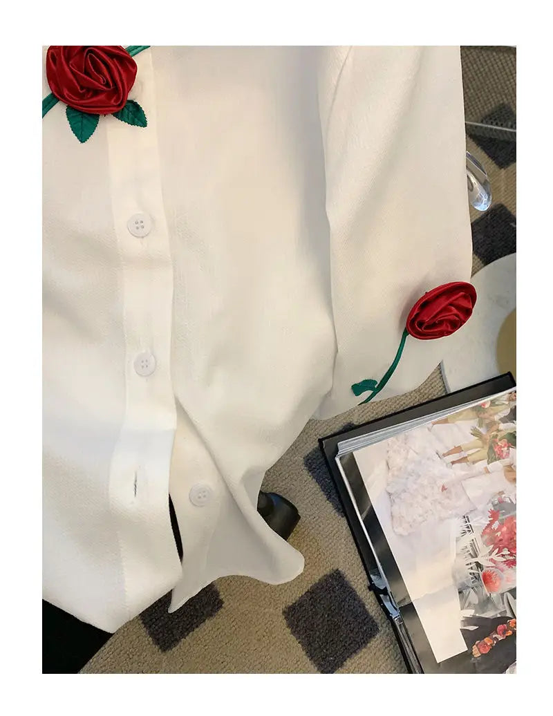 2023 New Spring and Autumn Fashionable Temperament Romantic Three-dimensional Rose Men's Casual Loose Design Sense Niche Shirt