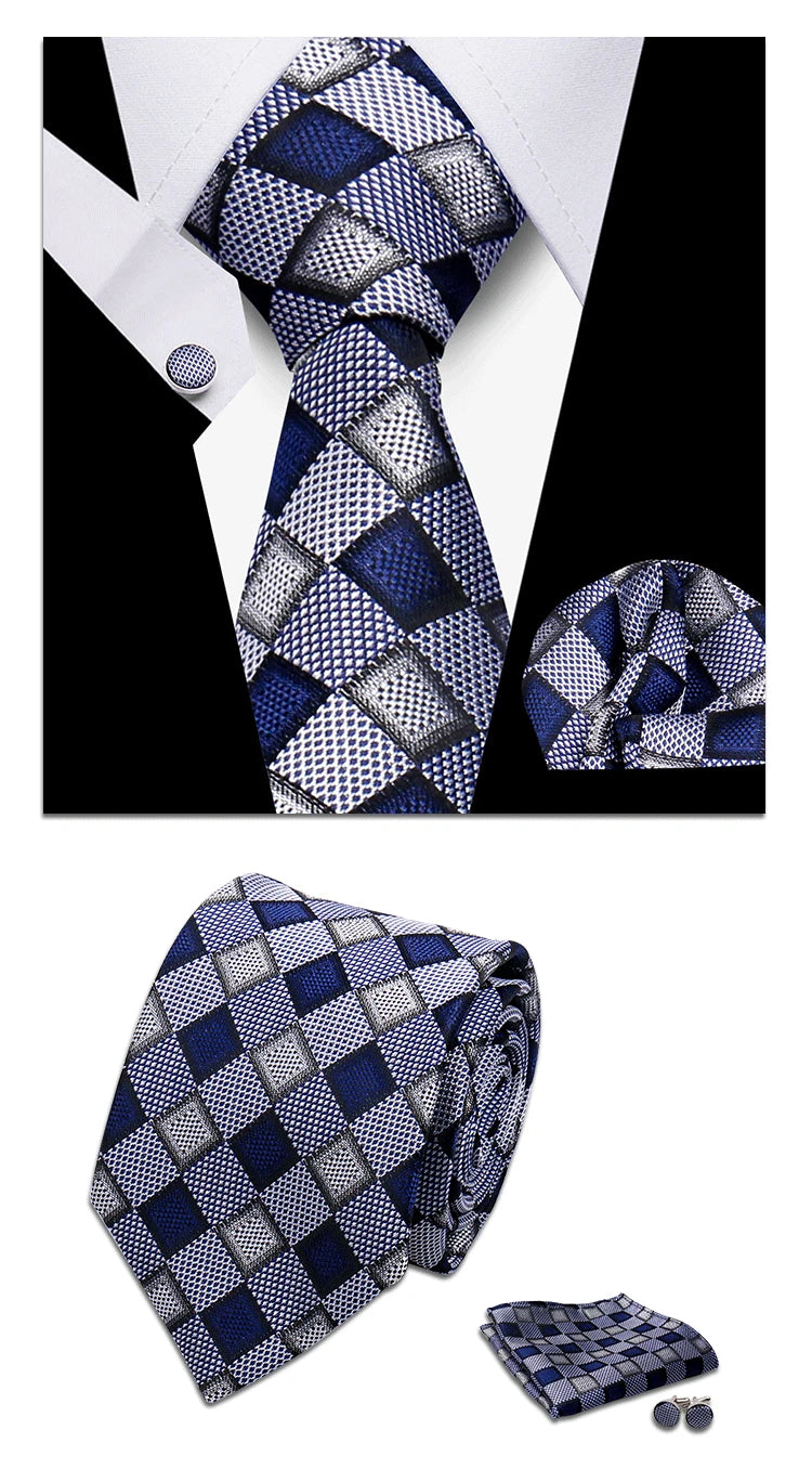 Classic Elegant Ties For Men Fashion Gifts Striped Solid Necktie Handchief Cufflink 3 Pcs Set Wedding Business Suit Accessories