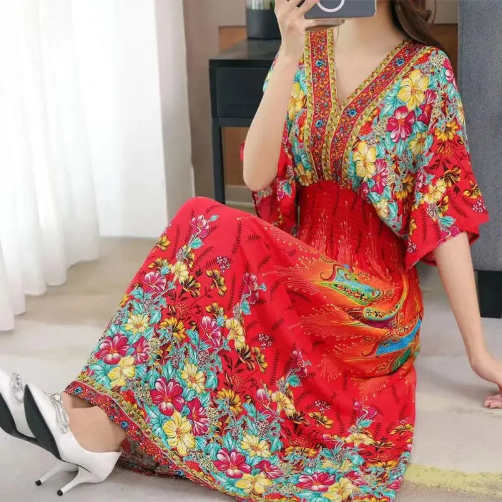 Spring New In Women's Dress V-Neck Short Sleeve Dress Elegant Sweet Print Dress Casual Retro Boho Elastic Waist A-Line Dress
