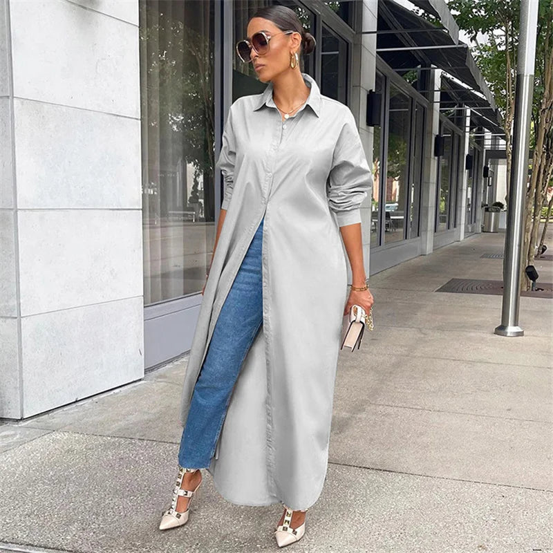 Spring Summer Long Sleeve Shirt Dress Women Turn-down Collar Button Up Straight Maxi Dress Loose Casual Long Dresses Vestidos