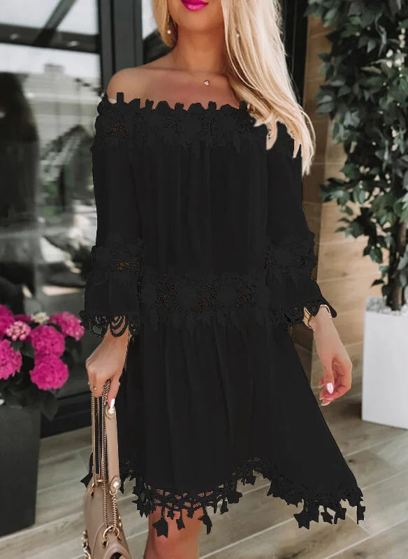 Spring Autumn New Women Sexy Strapless One Shoulder Solid Color Dinner Dresses Fashion Lace Lace Casual Loose Party White Dress