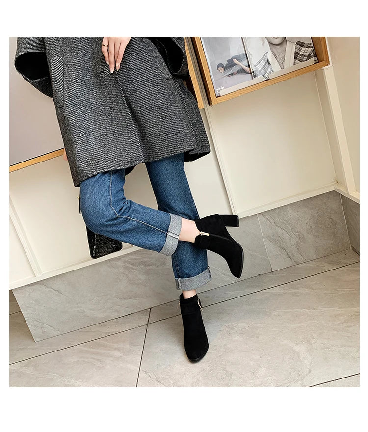 Women's Chunky Heeled Ankle Boots, Solid Color Side Zipper High Heels, Stylish Short Boots