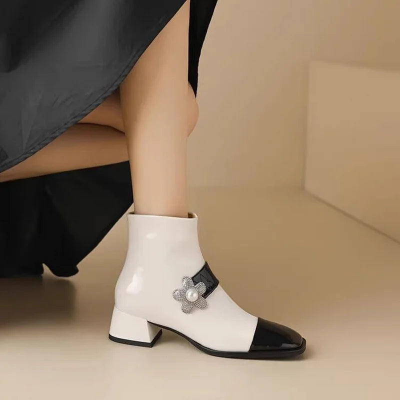 FHC Mixed Colors Ankle Boots,Women's Short Botas,Autumn/Winter Shoes Booties,Square Toe,Pearls,Side Zip,Black,White,Dropship
