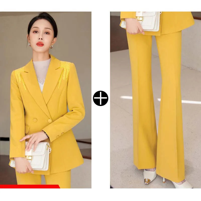 Yitimuceng Solid Office Wear Women 2 Piece Sets 2025 New Fashion Sequins Long Sleeve Blazers Chic High Waist Flare Pants Suits