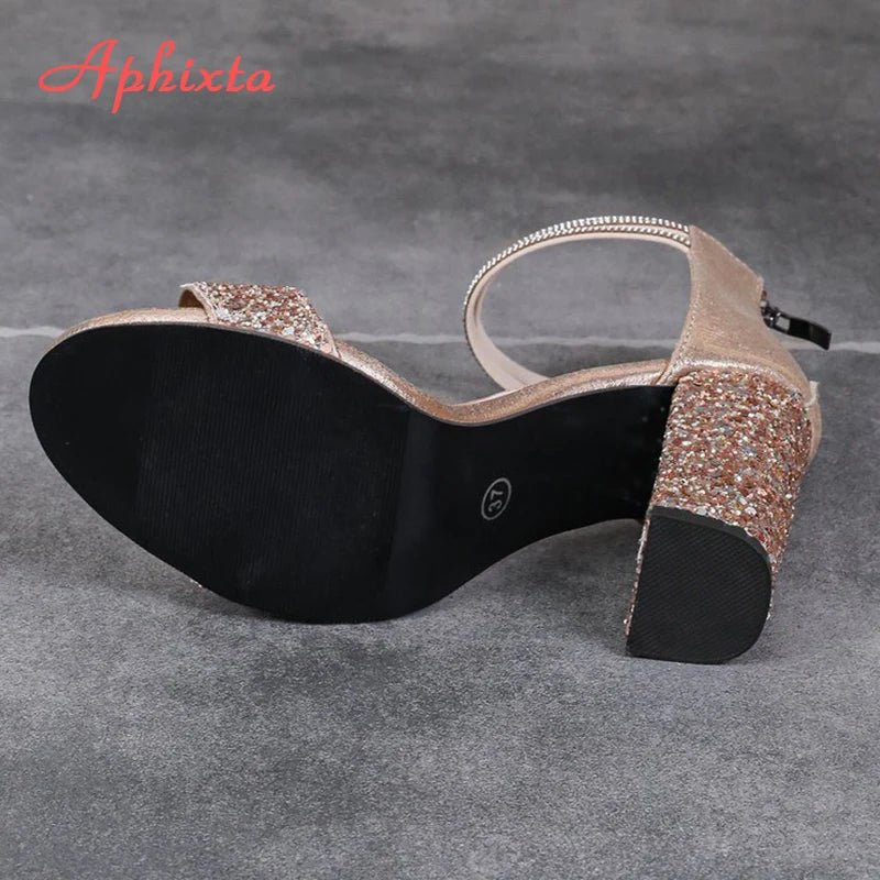Aphixta Crystal Peep Toe Summer Sandal Luxury 10cm Square Heel Sandals Bling Silver High Heels Party Woman Shoes Pimp Size 43