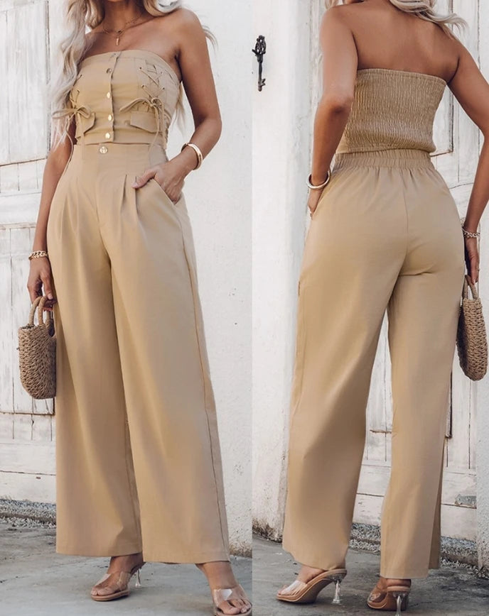Women's Sexy Suits 2025 Spring Summer Latest 2 Piece Thick Strap Button Front Slim Fit Tank Top High Waist Wide Leg Pants Set
