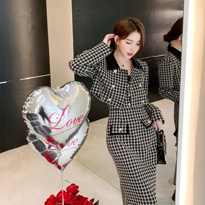 Spring Autumn New Dress Set Women Turn-down Collar Long Sleeve Button Patchwork Cardigan Elegant Slim All-match Slip Dresses