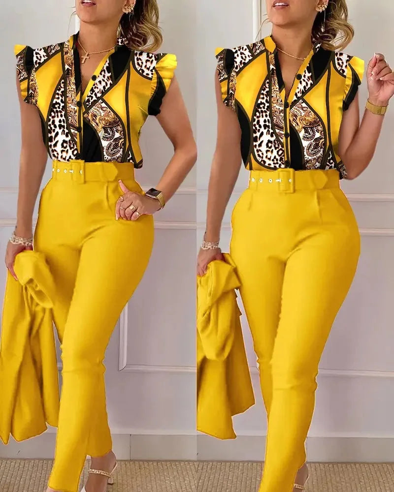 Elegant Women Printed Two Piece Suit Sets Spring Autumn V Neck Short Sleeve Shirt Top & Long Pants Set With Belt Workwear Outfit