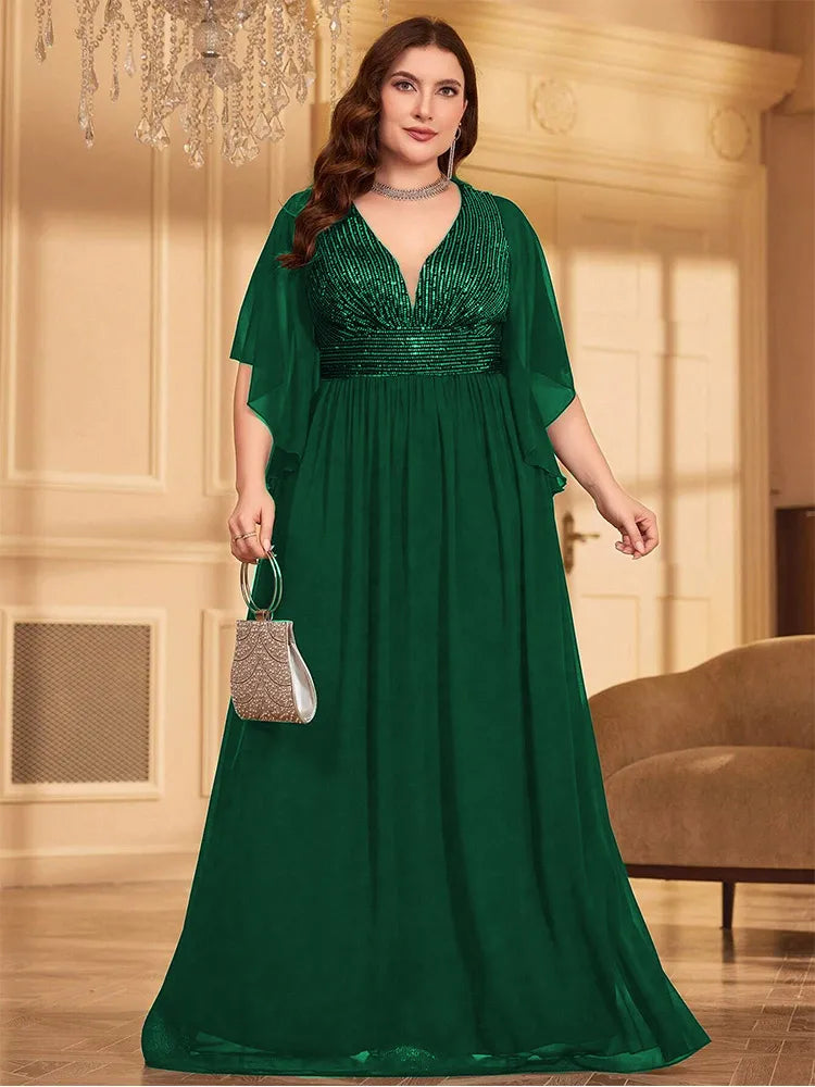 Plus Size V-Neck Black Short-Sleeved Chiffon Summer Evening Dress Bigsize Black Chiffon Floor-Length Bridesmaid Evening Dress