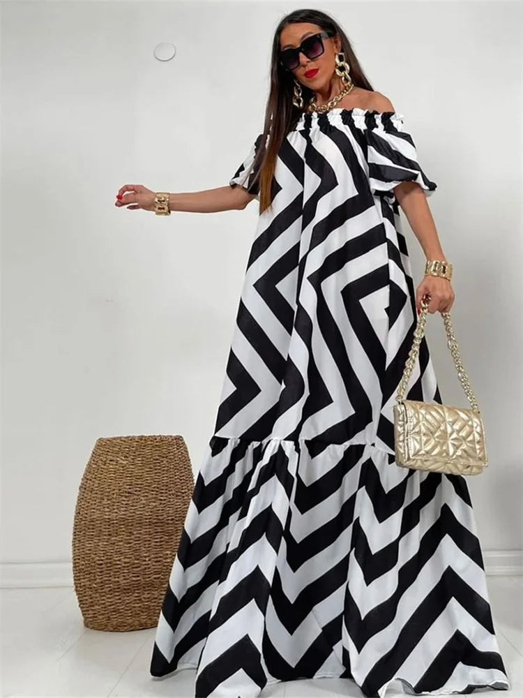 Wmstar Women Dress Off Shoulder Plus Size Bohemian Print Short Sleeve Summer Beach Style Ladies Casual Loose Streetwear Dresses