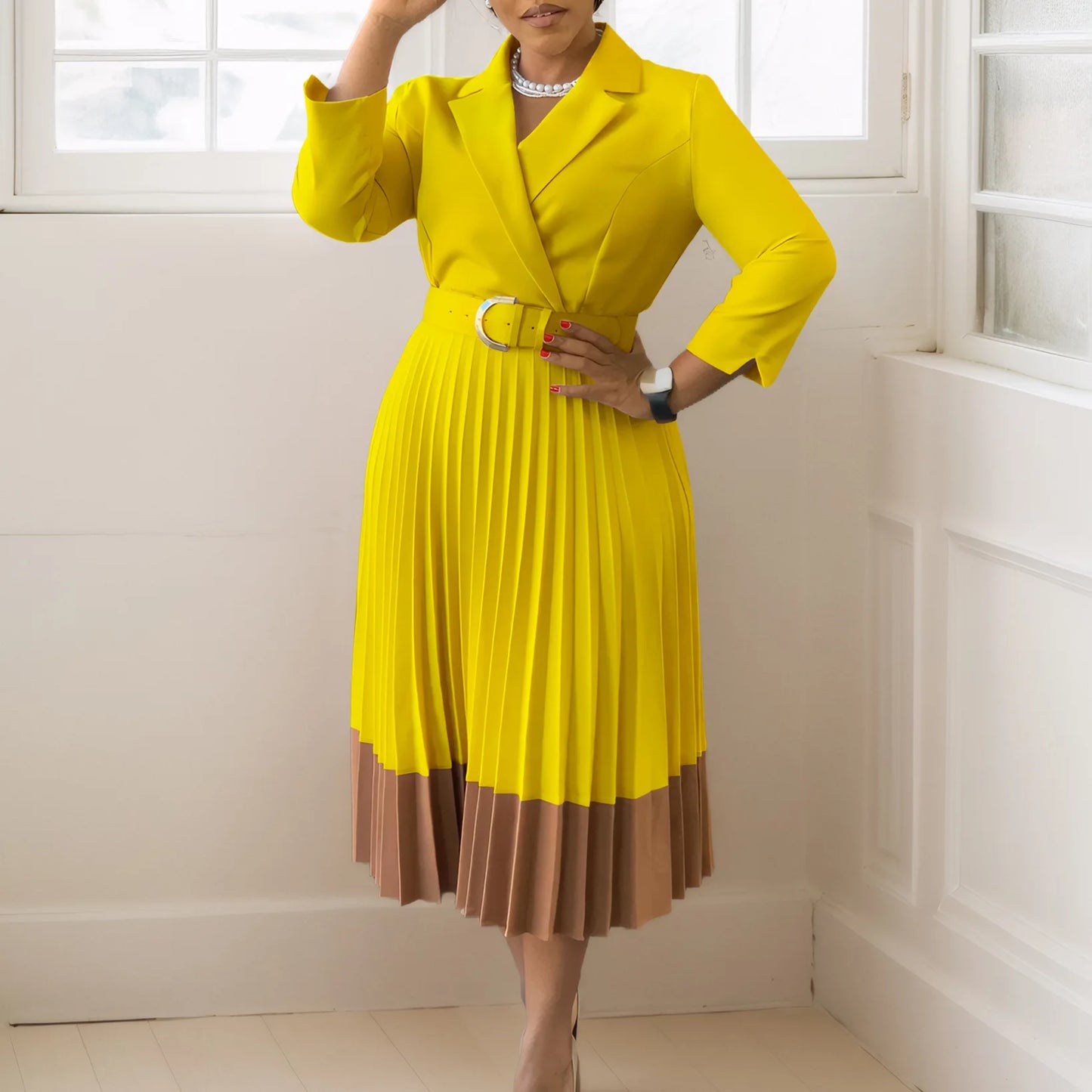 CM.YAYA Fashion Full Sleeve Notched Neck Solid High Waist Belt Dress Women Autumn Office Lady Pleated Long Africa Midi Dresses