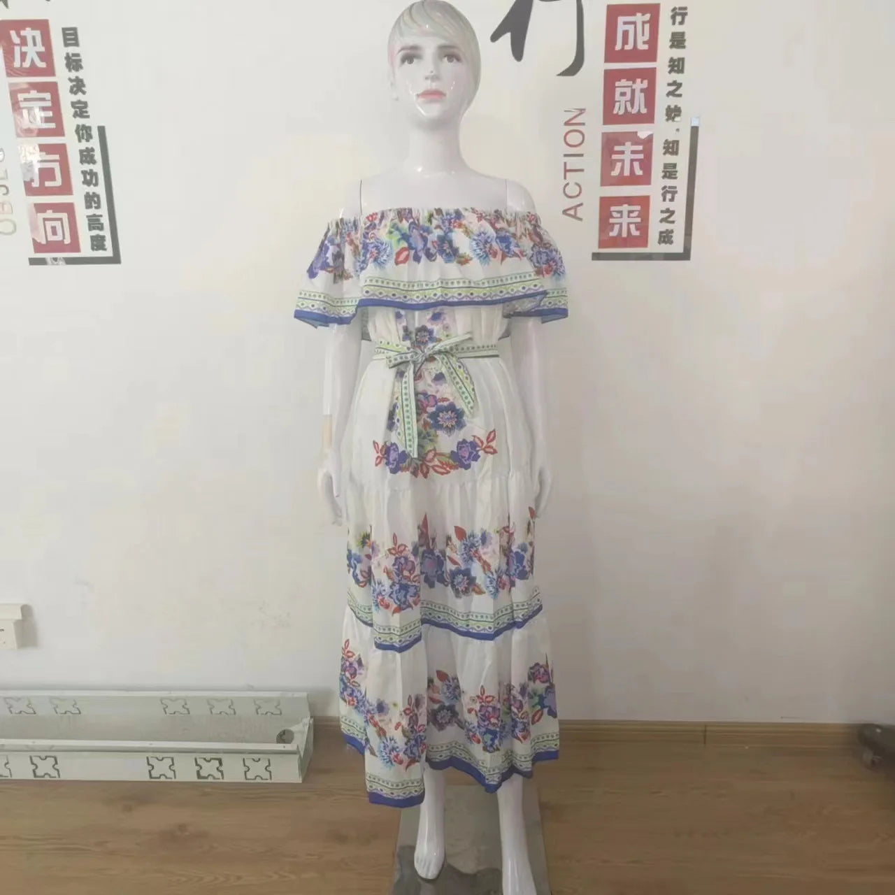 2024 Spring Summer Women's New Sexy One Shoulder Off Shoulder Fashion Red Flower Printed Lace Up Waist Long Swing Dress