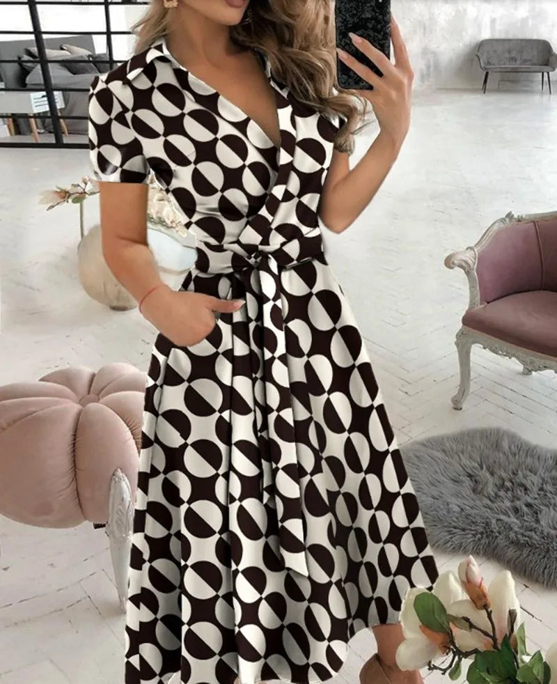 Women's New Short Sleeve Dress Spring Summer Fashion V-neck Printed Bag Hip Dress for Women Temperament Personality Wear