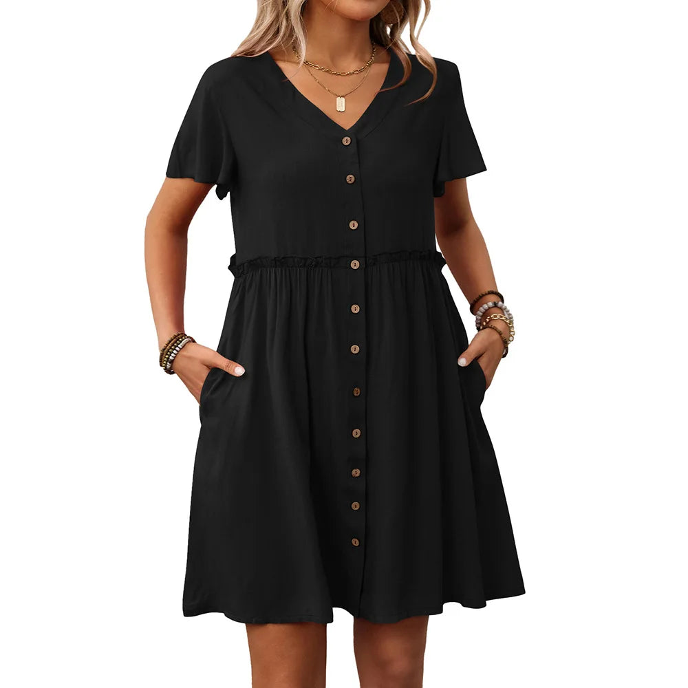 Spring Summer Button Down Dress Flutter Sleeve Cotton Linen A Line Dress With Pockets Beach Summer Knee Length Dresses For Women