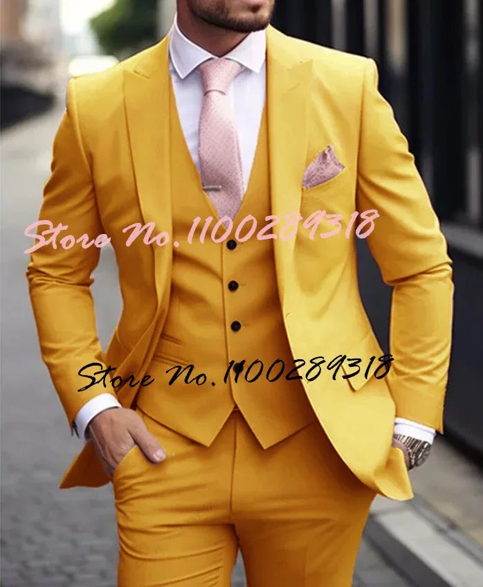 Pink Luxury Men's Suits Terno Formal Outfits 3 Piece Jacket Pants With Vest Slim Fit Luxury Costume Homme Formal Occasion Terno