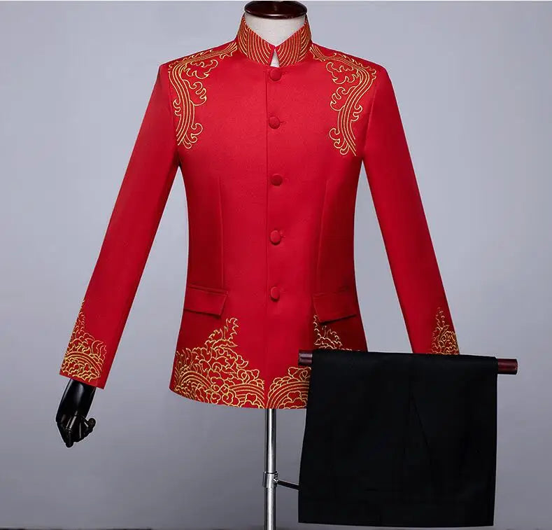 New Men Standing Collar Embroidered Suit 2 Piece Fashion Male Business Social Wedding Prom Stage Performance Dress Blazer Pant