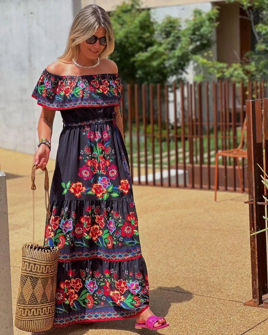 2024 Spring Summer Women's New Sexy One Shoulder Off Shoulder Fashion Red Flower Printed Lace Up Waist Long Swing Dress