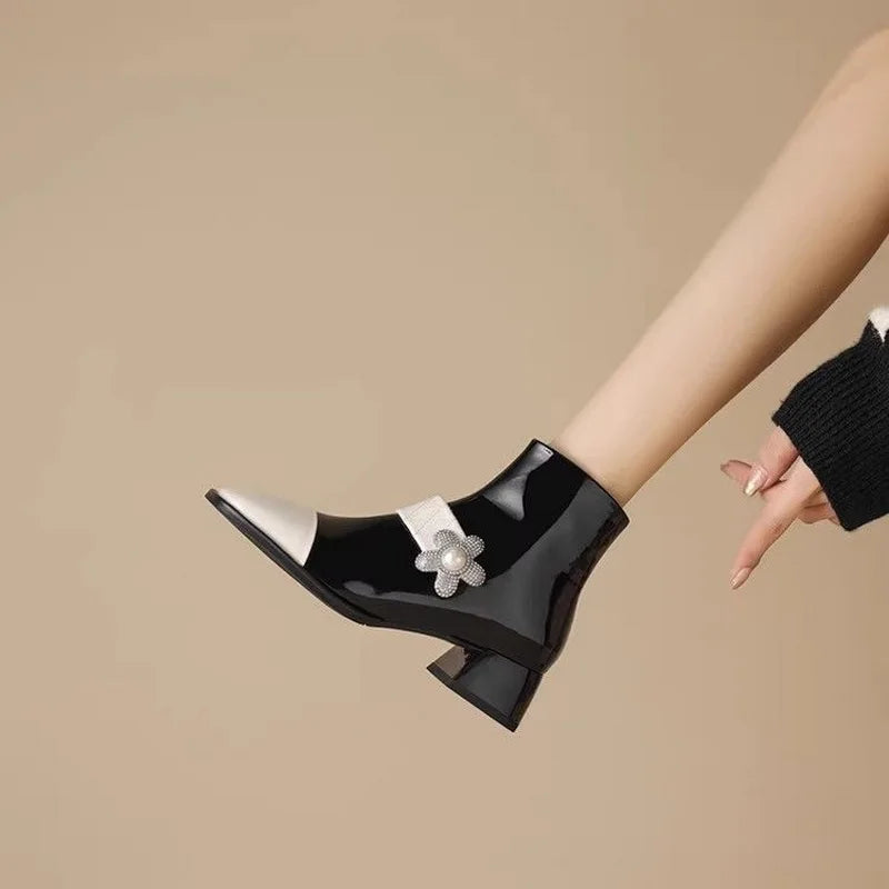 FHC Mixed Colors Ankle Boots,Women's Short Botas,Autumn/Winter Shoes Booties,Square Toe,Pearls,Side Zip,Black,White,Dropship
