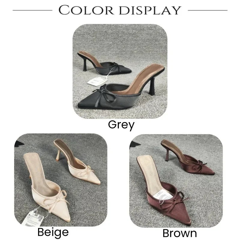 Bow High Heels Slippers Women Pointed Toe Mules Shoes Sexy 2025 Summer Dress Party Stilettos Sandals Woman Slides Trend Pumps