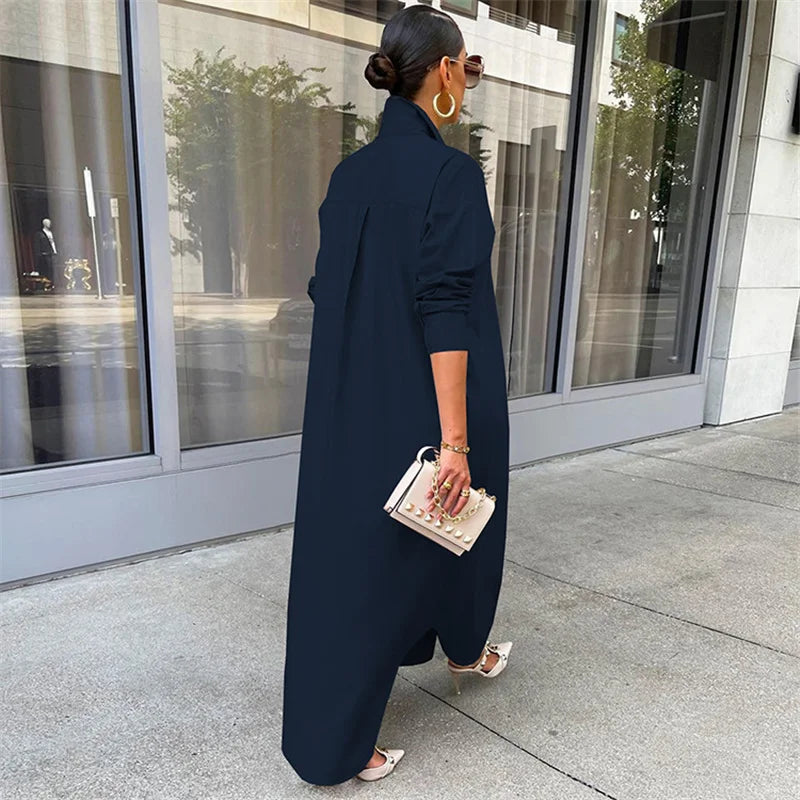 Spring Summer Long Sleeve Shirt Dress Women Turn-down Collar Button Up Straight Maxi Dress Loose Casual Long Dresses Vestidos