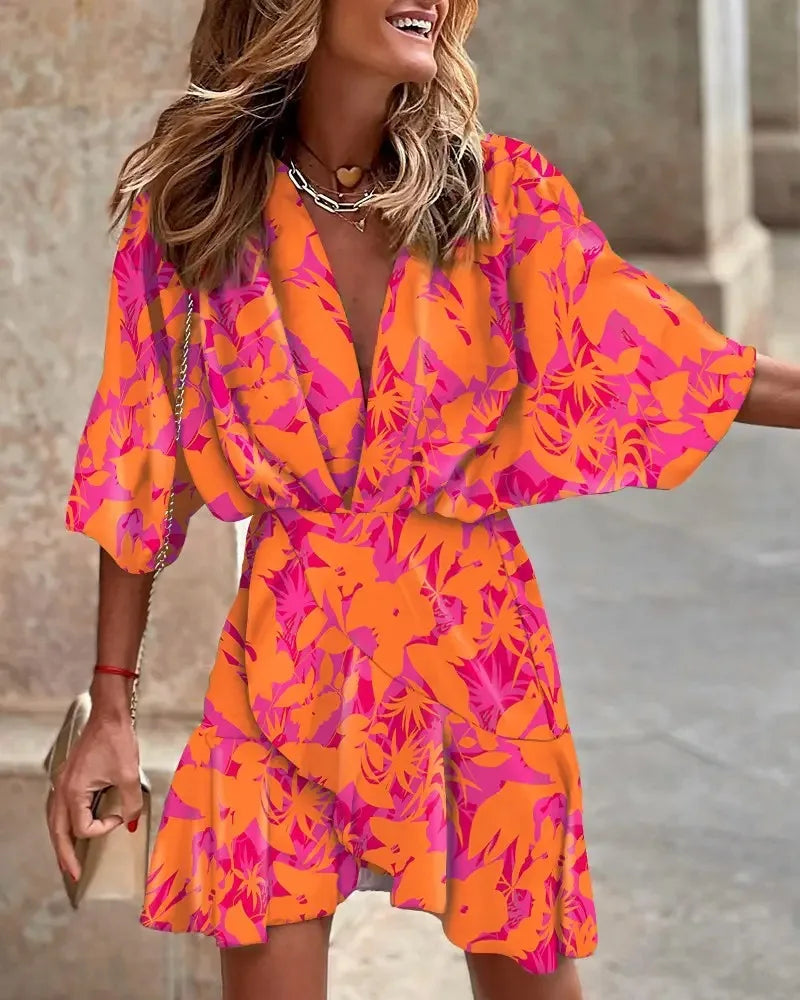 spring Irregular Mini Dress For Women Fashion Print Casual Bohemia Style Vacation Sundress Women's Bat Sleeve Ruffles Dresses