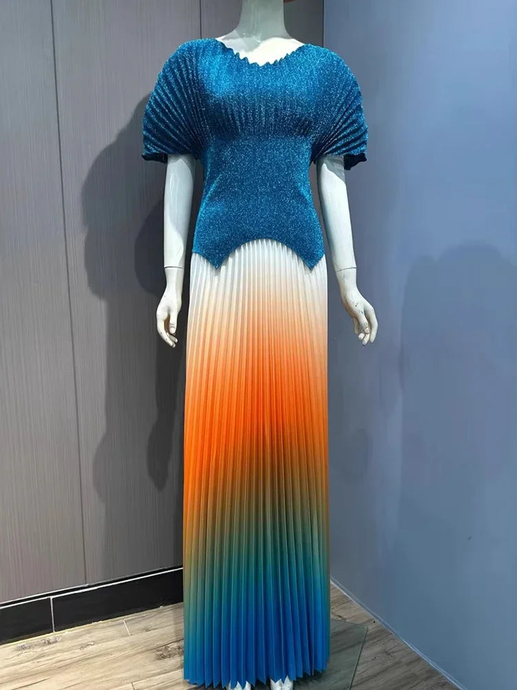 ANLAN Pleated 2 Pieces Set Women Fashion V Neck Short Batwing Sleeves Irregular Hem T-shirt&New Gradient A-line Folds Long Skirt