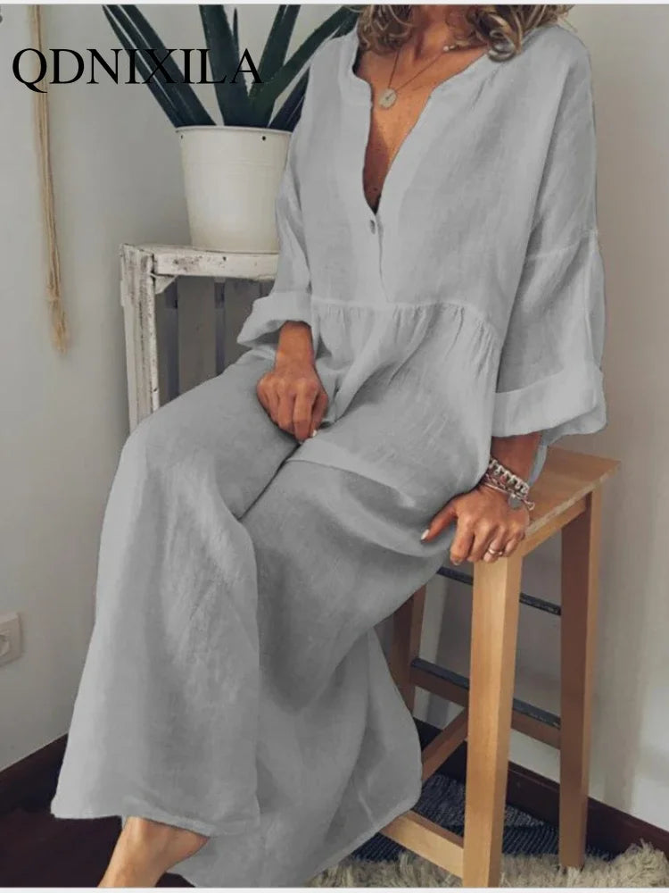 New in Spring Elegant Long Dresses for Women Long Sleeved V-neck Fashion Summer Dresses 2024 Loose Retro Female Clothing Robe