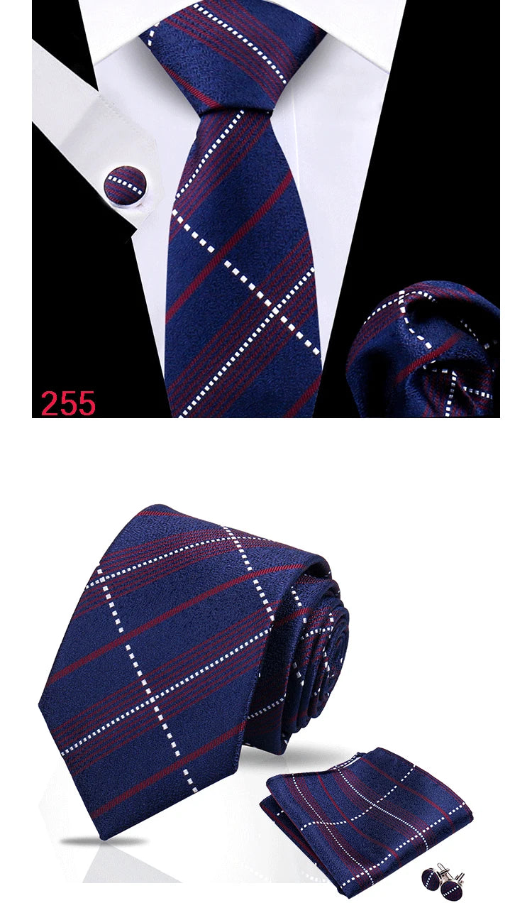 Luxury Plaid Tie For Mens Necktie Handkerchief Pocket Square Cufflinks Set Jacquard Woven Ties Wedding Business Accessories