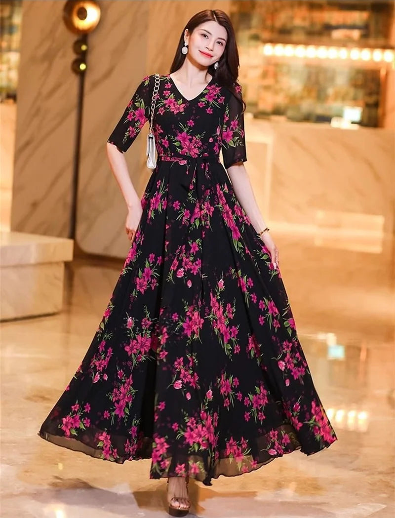 Womens Dresses Fashion Summer Dresses 2024 Summer Senior red Print Dress Long Loose Temperament Waist Loose Big Swing Dress