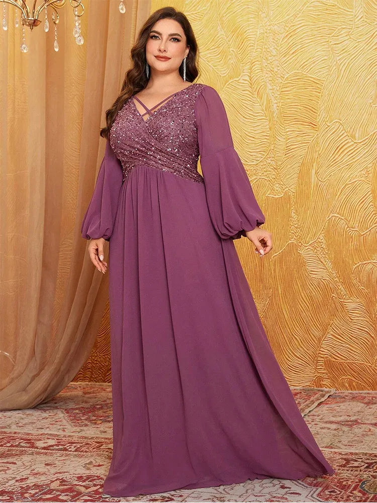 Plus size pink sequined long-sleeved sequined floor-length chiffon evening dress Big Size luxury sparkling banquet Prom Gown
