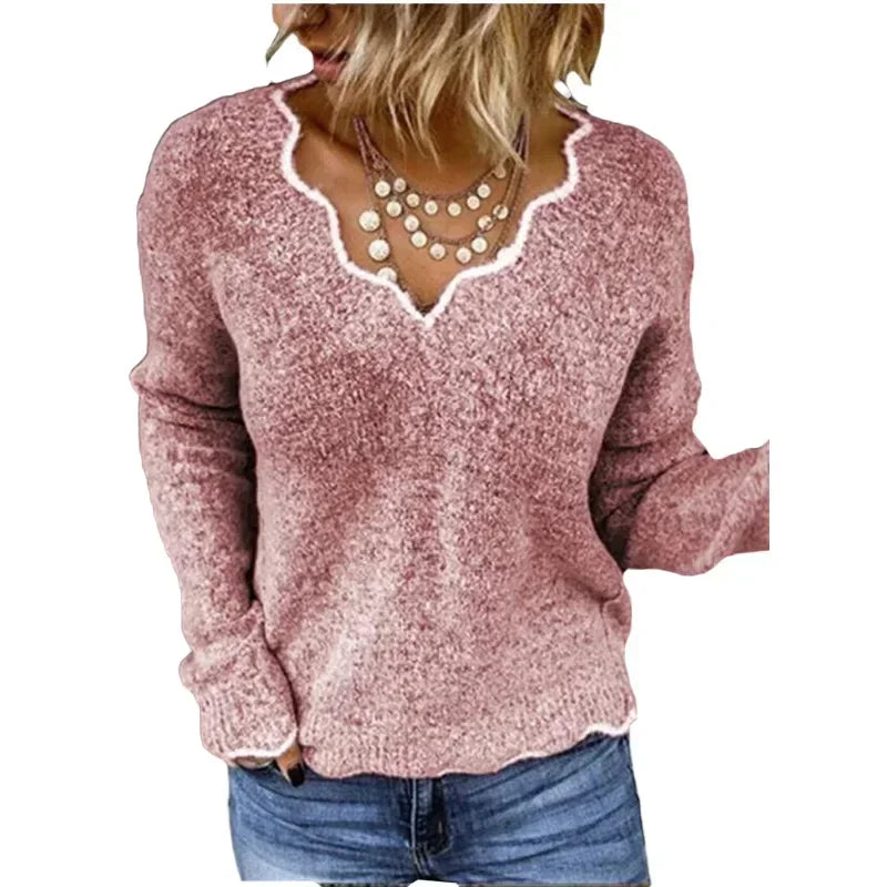 ALLUKASA 2025 Autumn Winter Women's Solid Color Long Sleeved V-neck Knitted Cute Pullover Sweater Loose