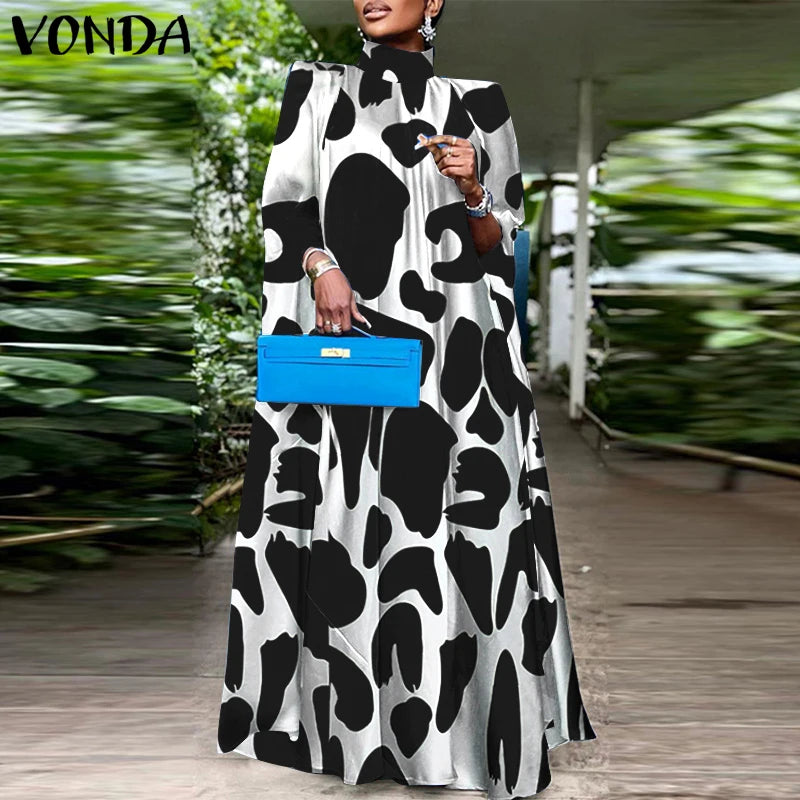 VONDA Women Elegant Printing Maxi Long Dress 2024 Casual Stand Collar Robes Bohemian Bat-wing Sleeve Party Vestidos Oversized