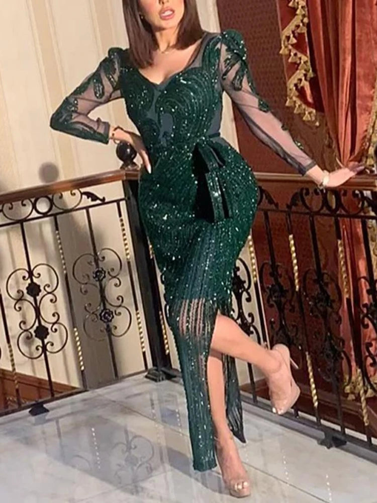 2022 New Fashion V-neck Sparkling Hot Printed Green Long Sleeve Evening Dress Evening Dress for Women party wedding Vestidos