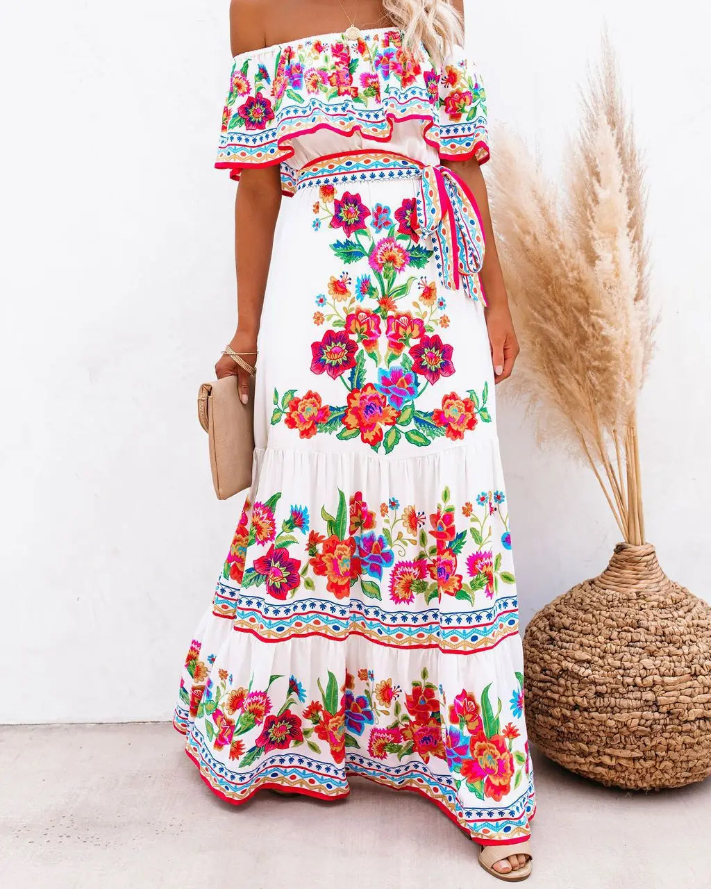 2024 Spring Summer Women's New Sexy One Shoulder Off Shoulder Fashion Red Flower Printed Lace Up Waist Long Swing Dress