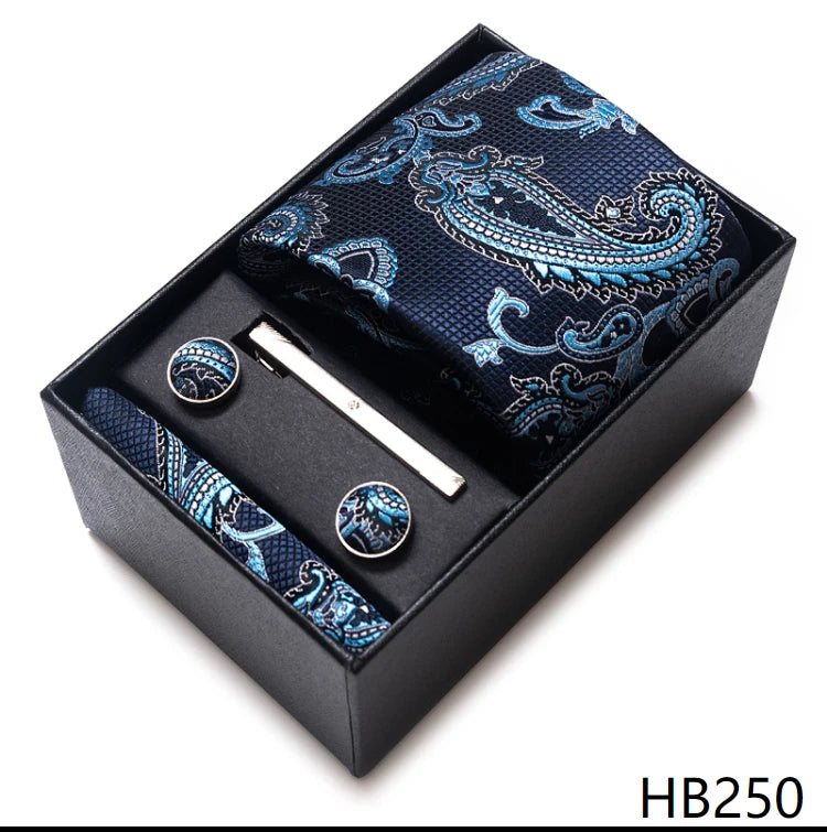 Tie Handkerchief Cufflink Set For Men Necktie Holiday Gift Box Blue Gold Suit Accessories Slim Wedding Gravatas