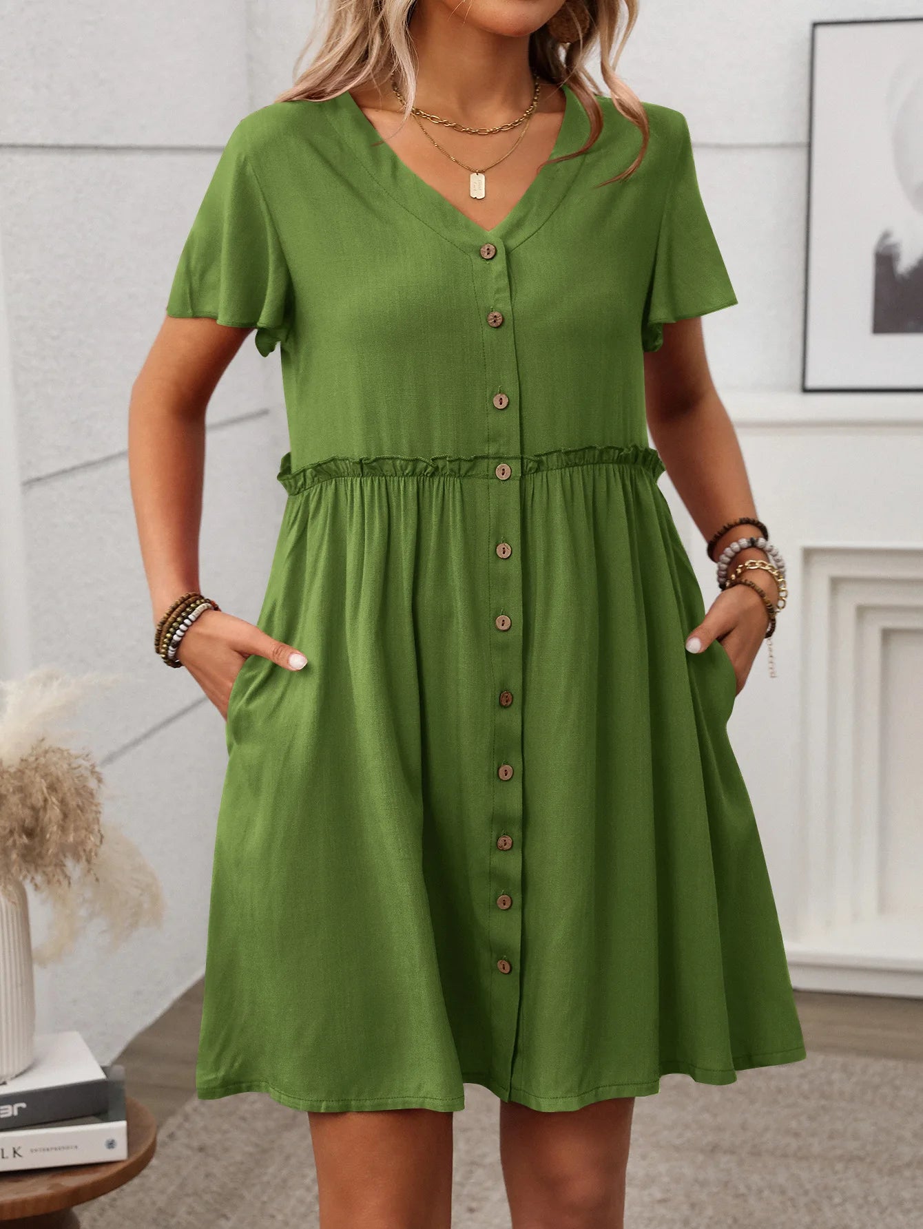 Spring Summer Button Down Dress Flutter Sleeve Cotton Linen A Line Dress With Pockets Beach Summer Knee Length Dresses For Women