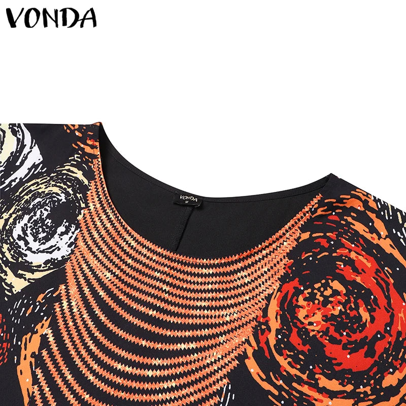 Plus Size VONDA Women Foral Printing Bohemian Maxi Dress 2025 Causal Puff Sleeve Sundress Holiday Eelgant Vestido NO Tassel